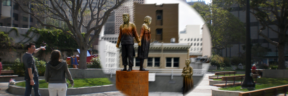 Photo of SF Memorial superimposed on a photo of St. Mary's Square.