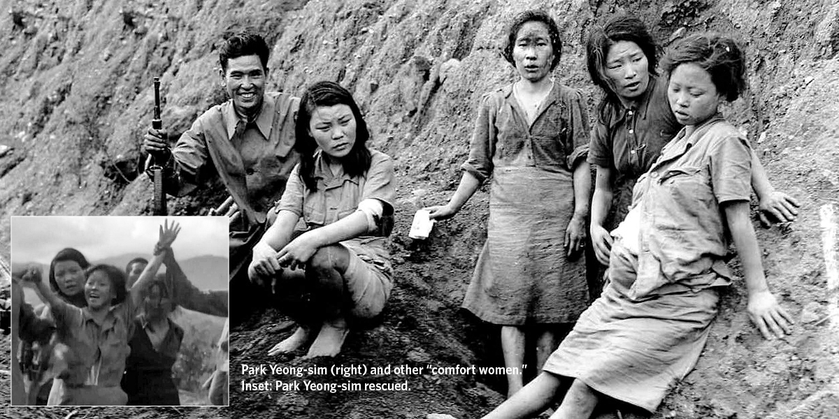 “Comfort Women” captured by Japanese military. Inset Park Yeong-sim rescued.